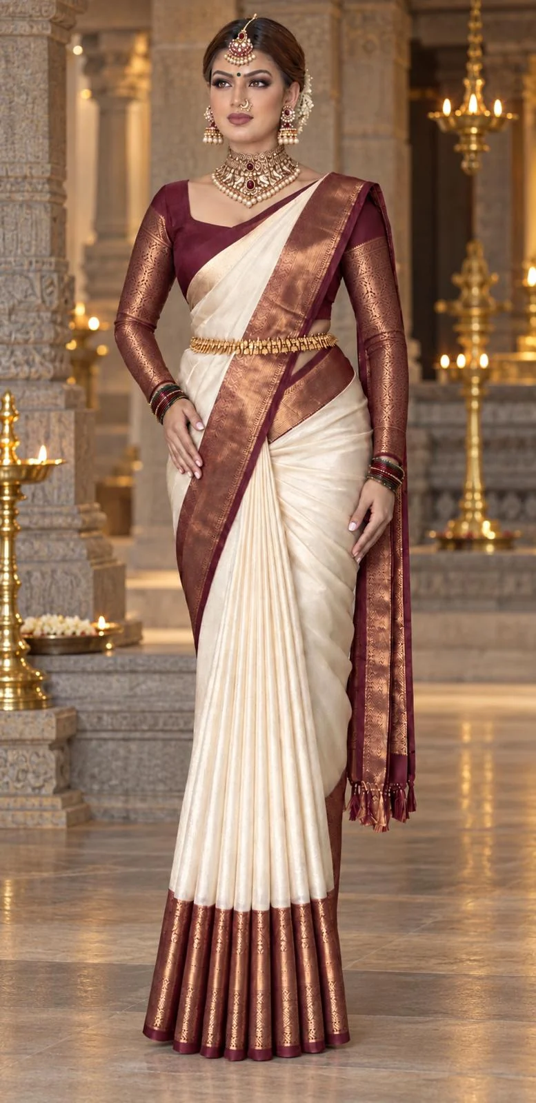 Full-length ivory and maroon saree with structured bridal pleats