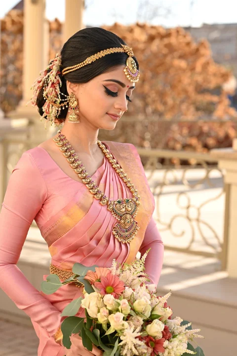 Bride in a pink saree holding a white and blush floral bouquet