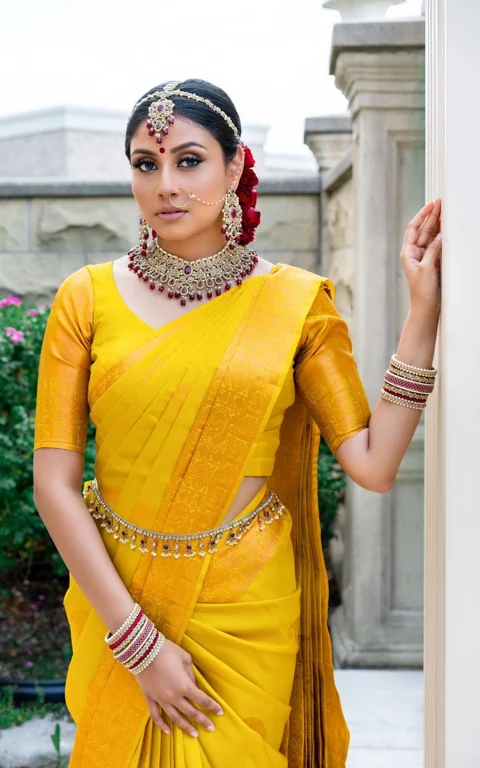 Yellow saree bridal portrait with gold details and floral hair styling